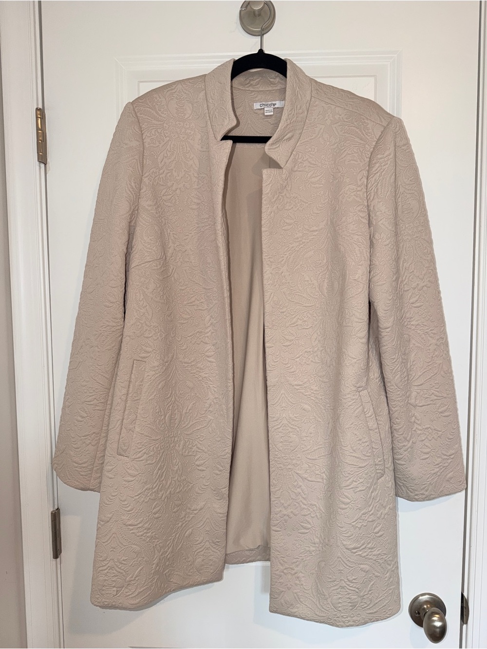 Chico’s Women’s Cream Textured Long Collarless Coat - Picture 4 of 8